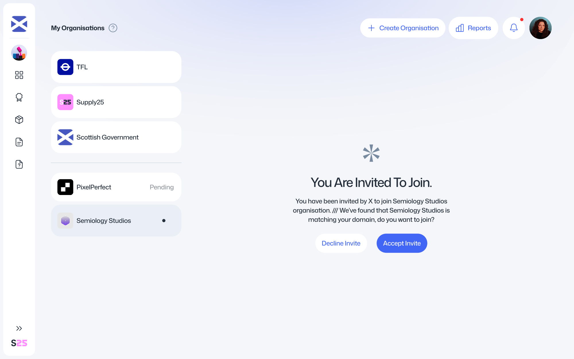 A list of organisations you have joined, plus organisations you are eligible to join underneath.